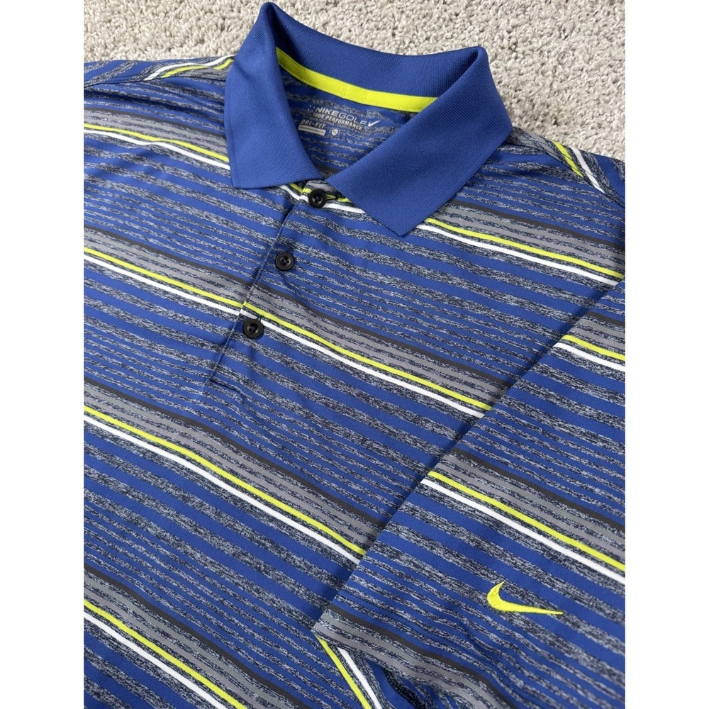 Nike Golf Tour Performance Dri Fit‎ Mens Polo Shirt Blue Lime Stripe Swoosh XL